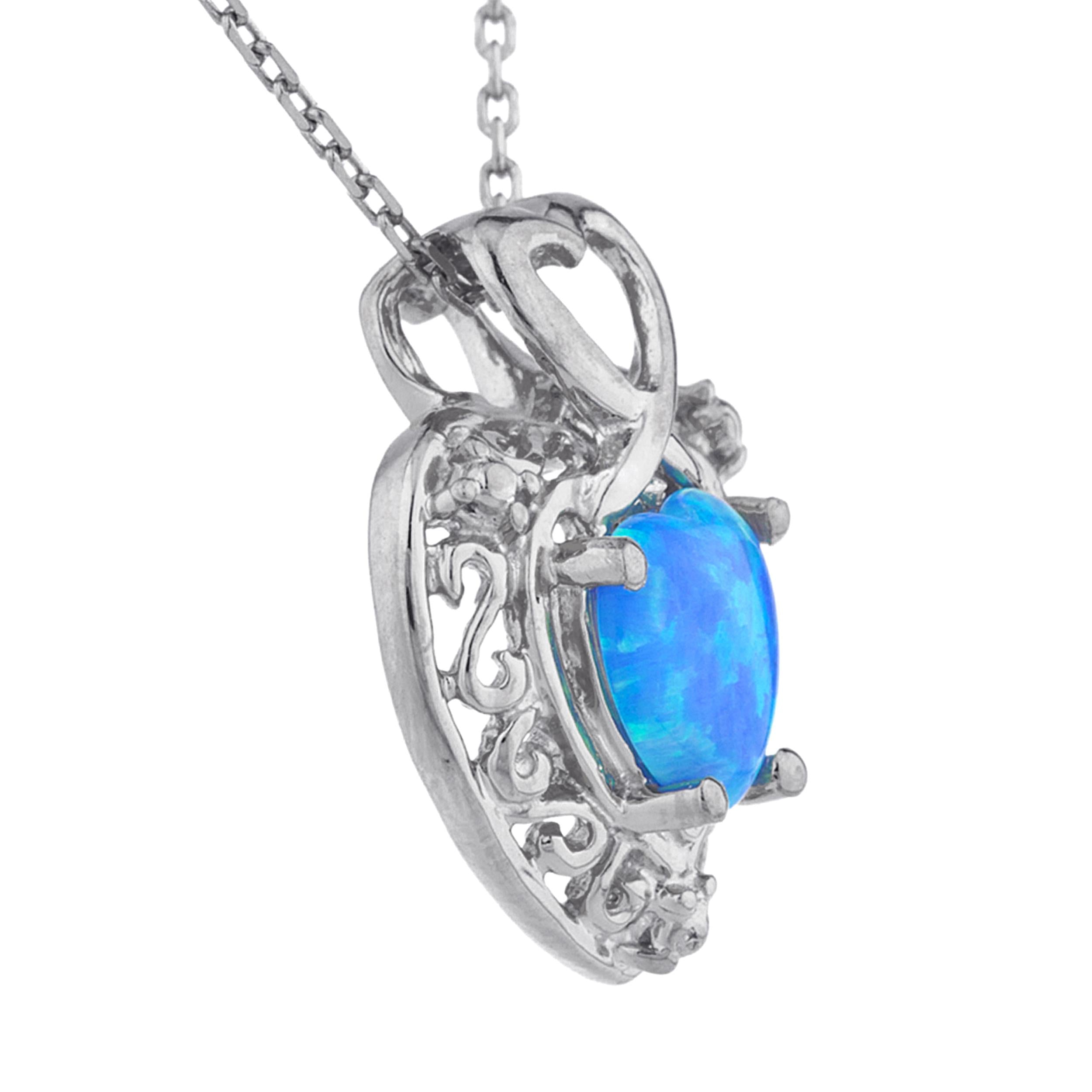 14Kt Gold Blue Opal Heart Design Pendant Necklace
