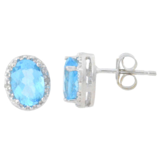 2 Ct Blue Topaz & Diamond Oval Stud Earrings 14Kt White Gold