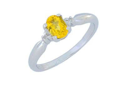 0.50 Ct Yellow Citrine & Diamond Oval Ring .925 Sterling Silver Rhodium Finish