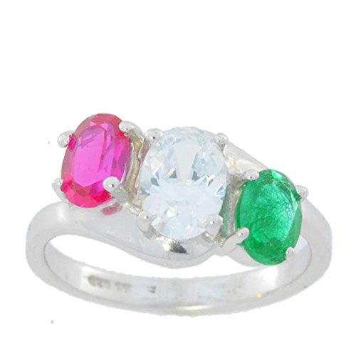 Ruby White Sapphire & Emerald Oval Ring .925 Sterling Silver