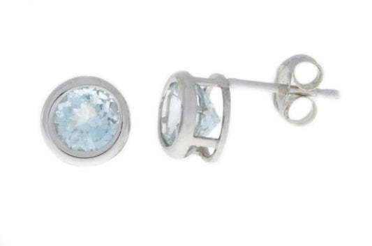 14Kt White Gold Aquamarine Round Bezel Stud Earrings