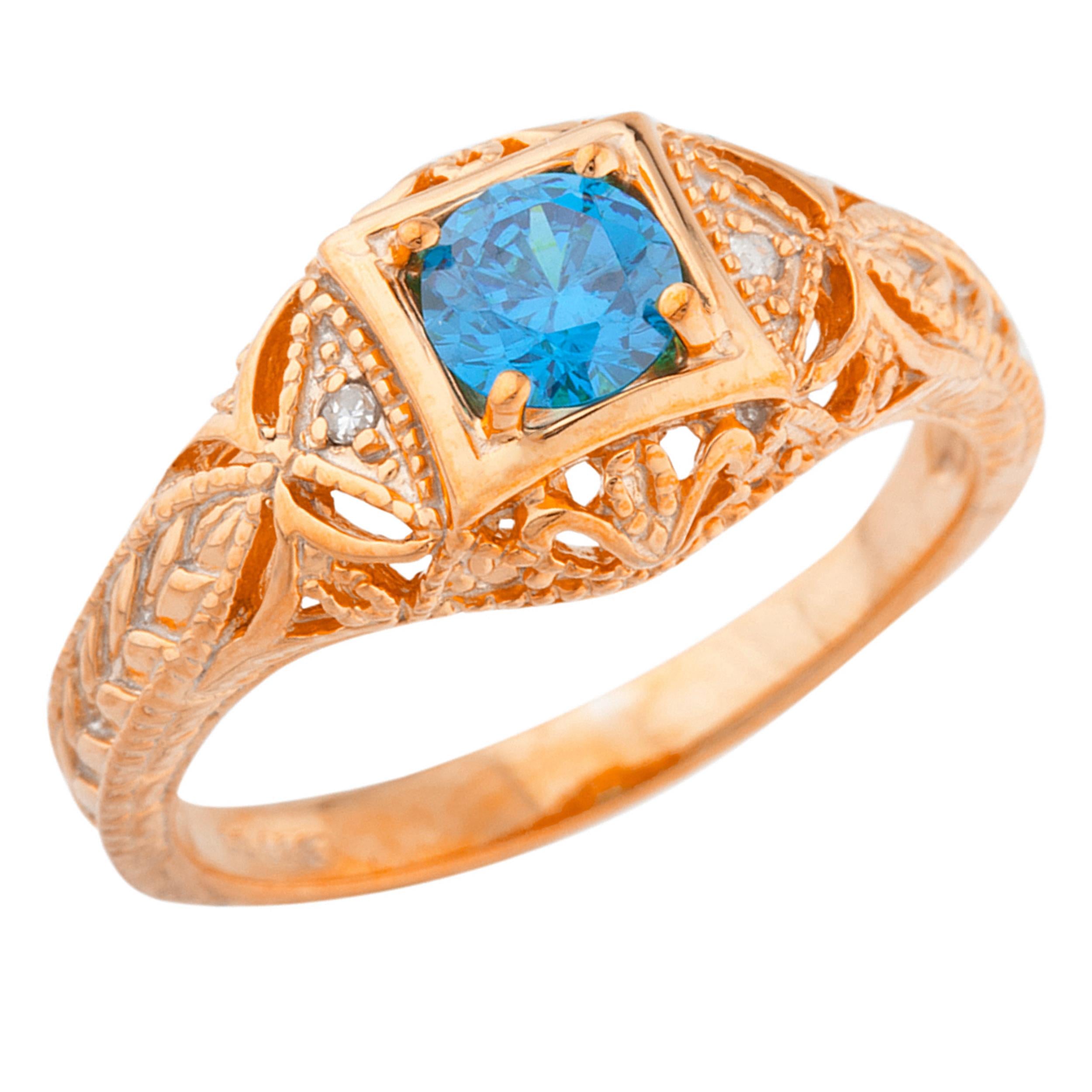 14Kt Gold Swiss Blue Topaz & Diamond Design Round Ring