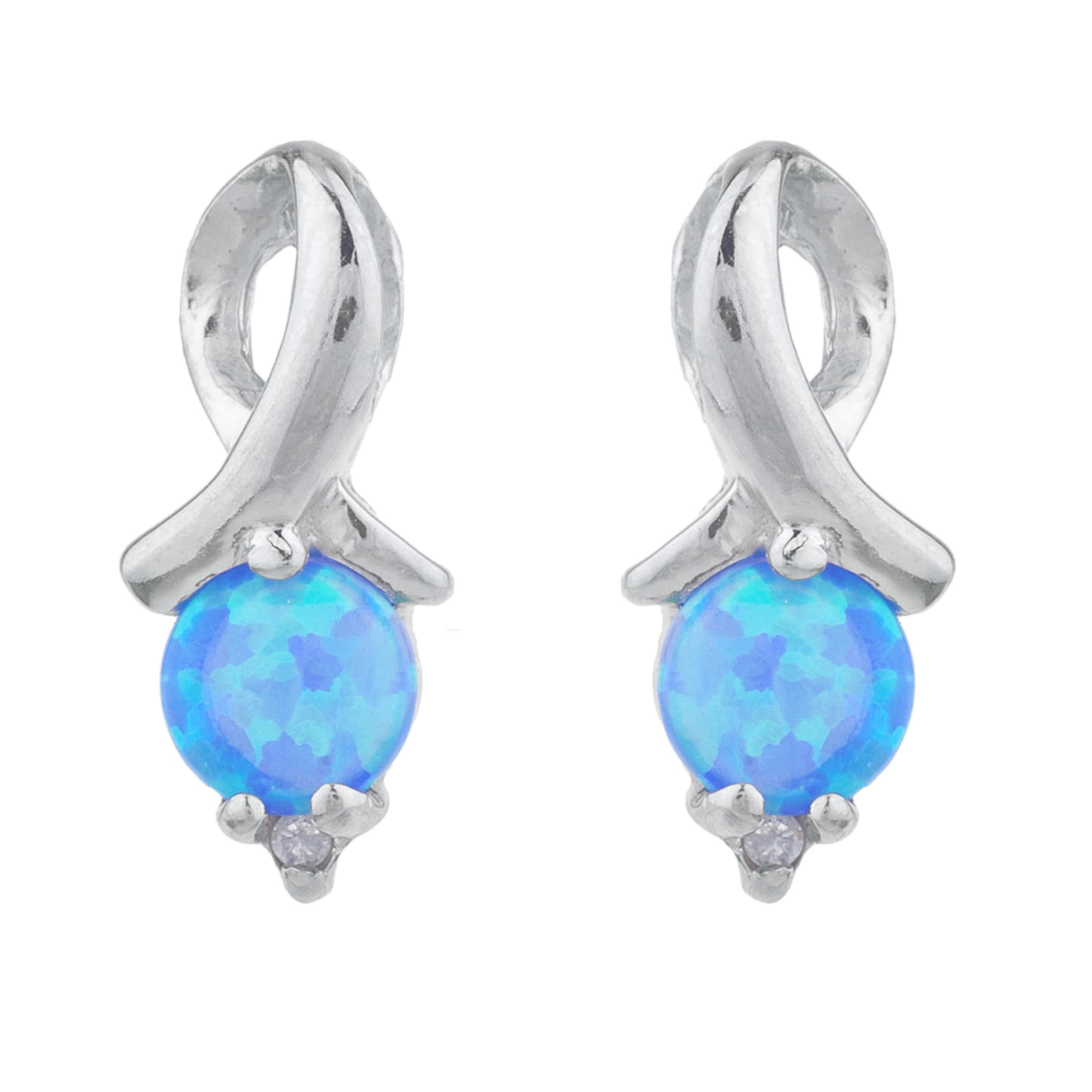 14Kt Gold Blue Opal & Diamond Round Design Stud Earrings