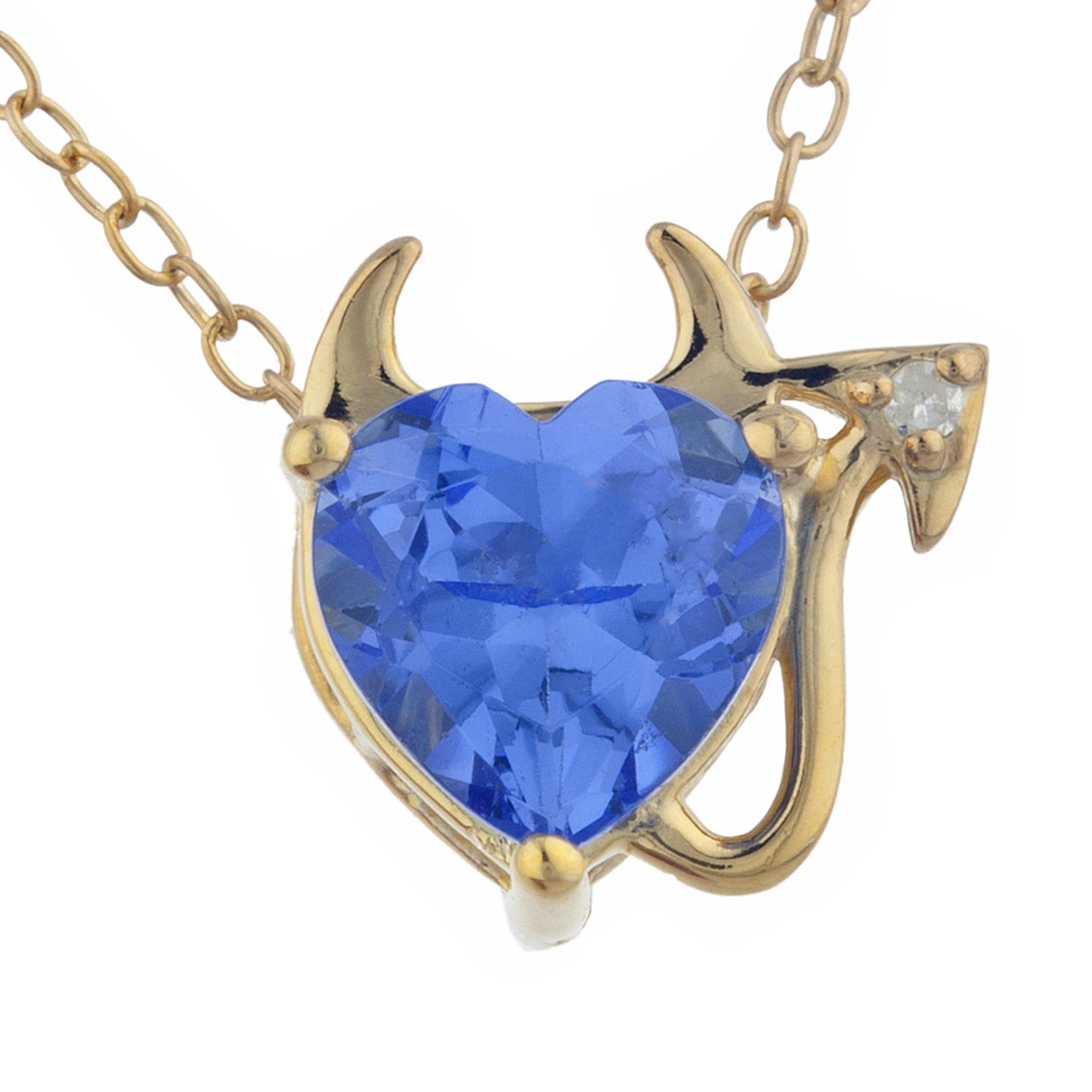 14Kt Gold 1.5 Ct Tanzanite & Diamond Devil Heart Pendant Necklace