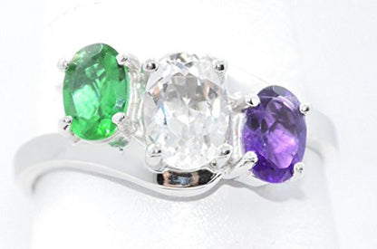 2 Ct Created Emerald White Topaz & Amethyst Oval Ring .925 Sterling Silver Rhodium Finish