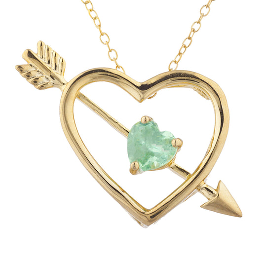 14Kt Yellow Gold Plated Green Sapphire Heart Bow & Arrow Pendant