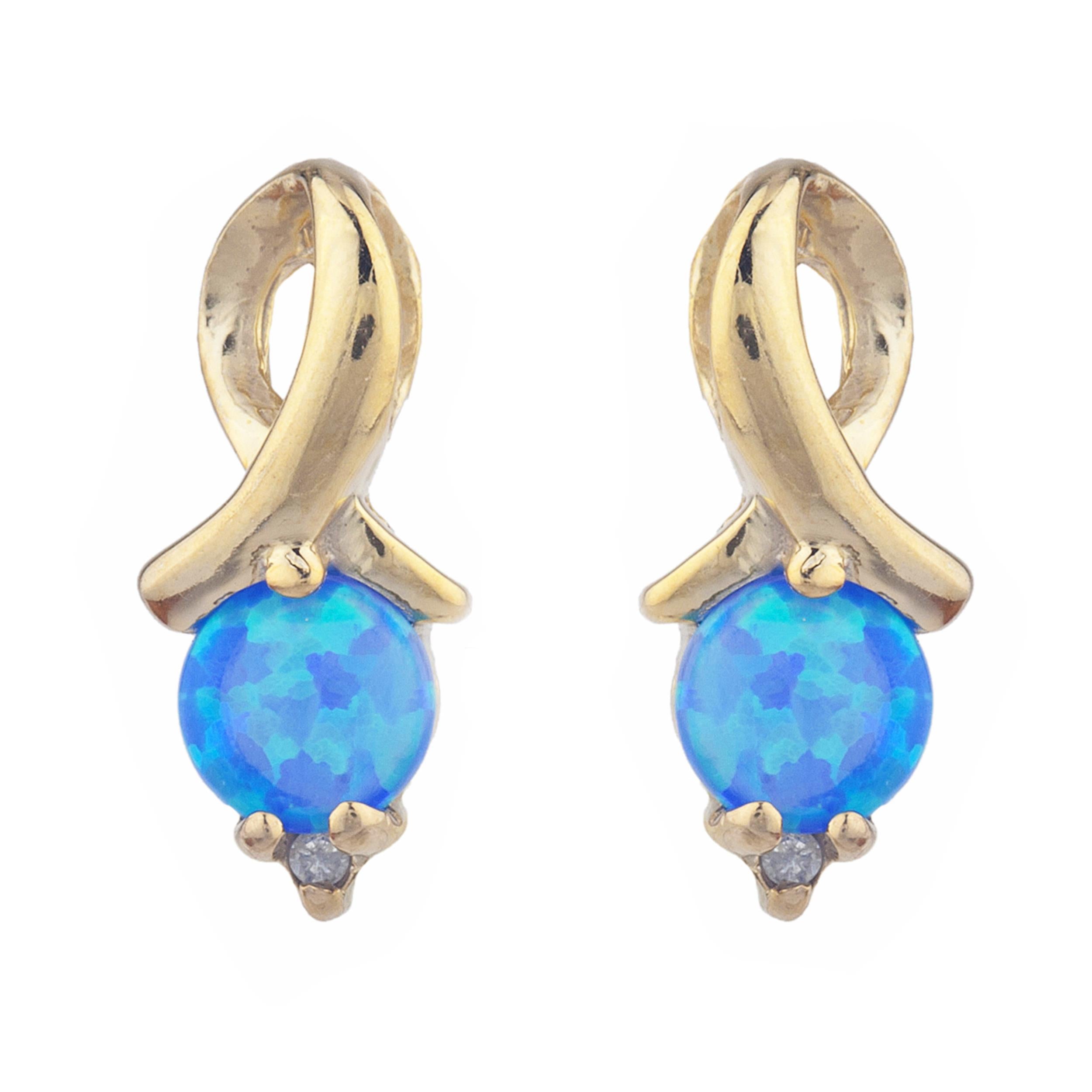 14Kt Gold Blue Opal & Diamond Round Design Stud Earrings