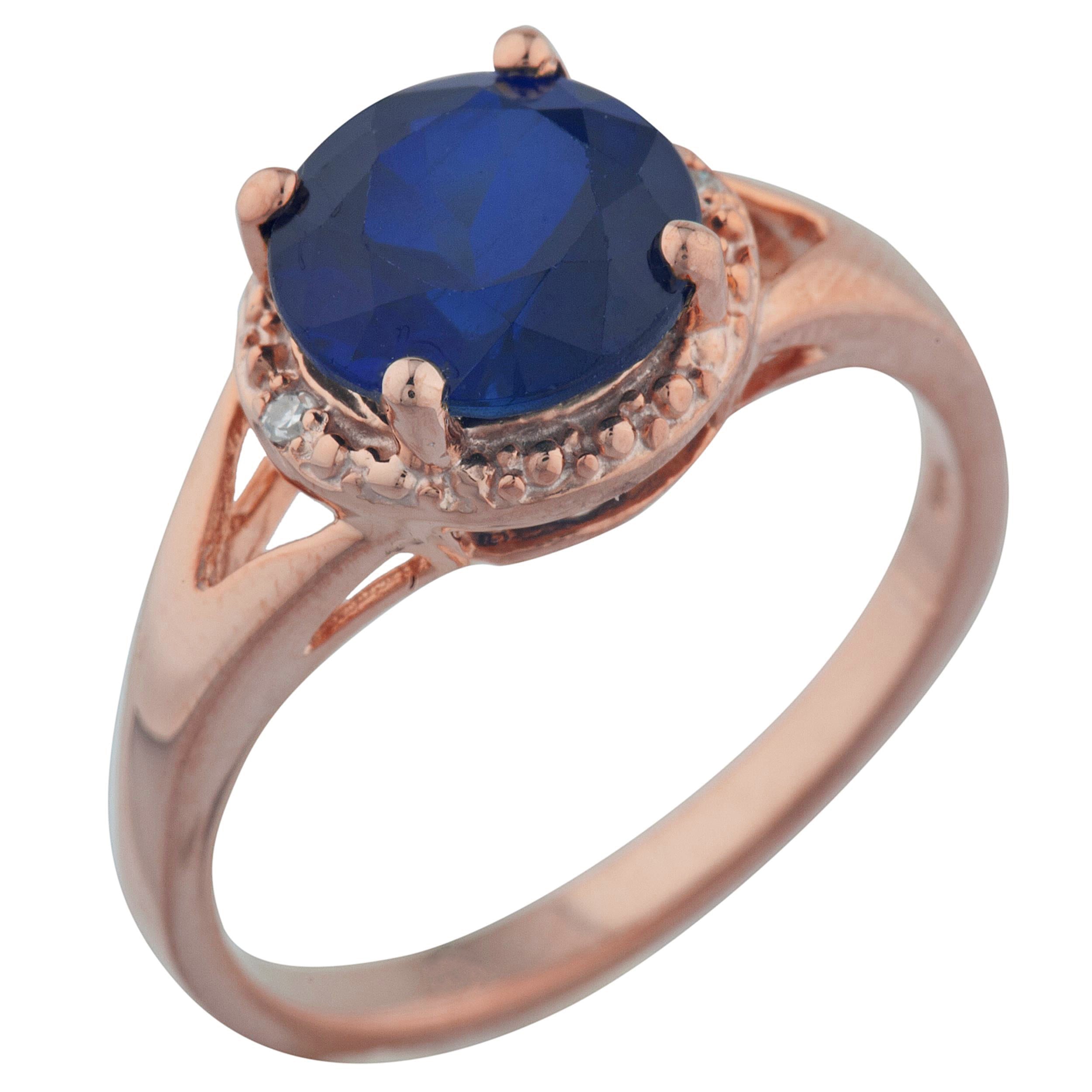 14Kt Gold 2 Ct Blue Sapphire & Diamond Halo Design Round Ring