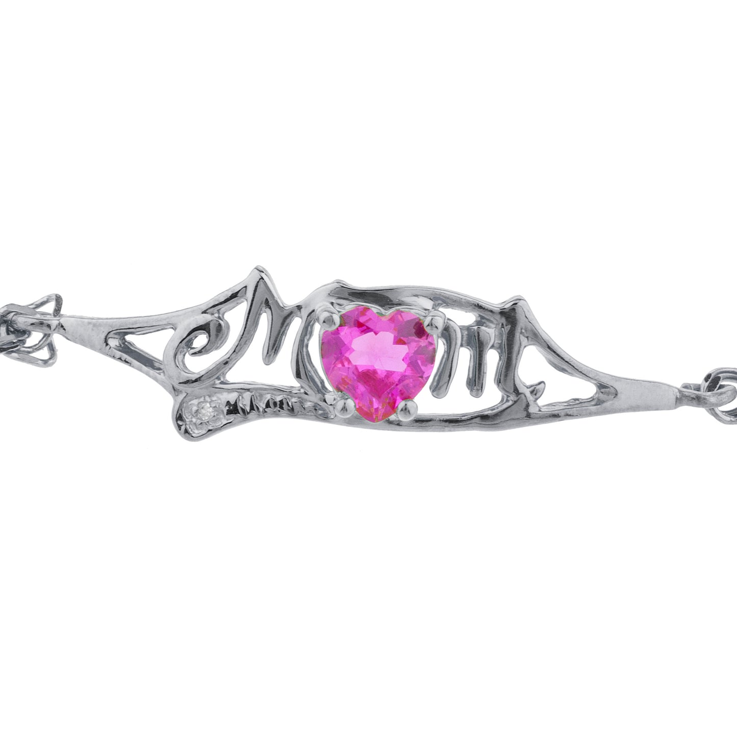 Pink Sapphire & Diamond Heart Mom Bracelet .925 Sterling Silver