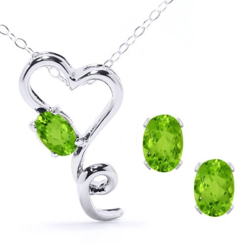 2.5 Ct Peridot Oval Heart Stud Earrings & Pendant .925 Sterling Silver Rhodiu...