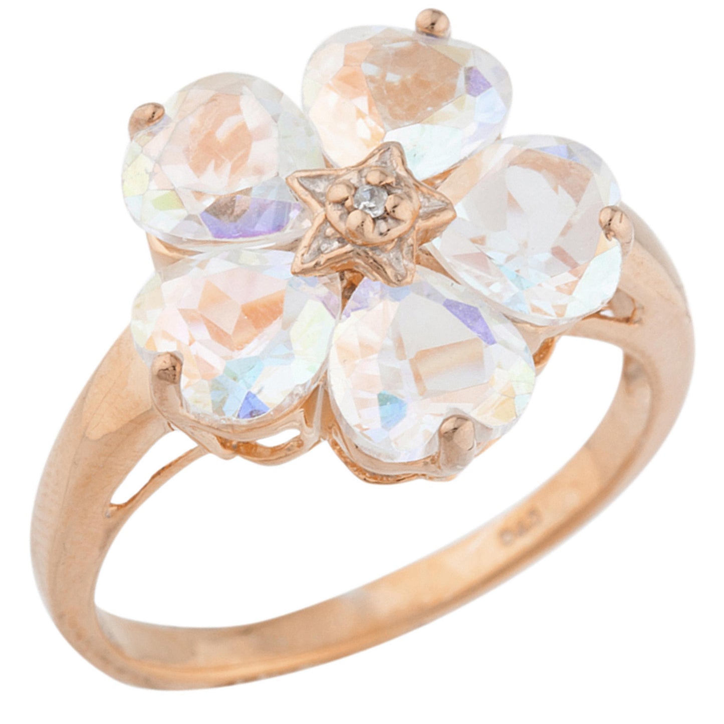 14Kt Gold Natural Mercury Mist Mystic Topaz & Diamond Heart Flower Design Ring