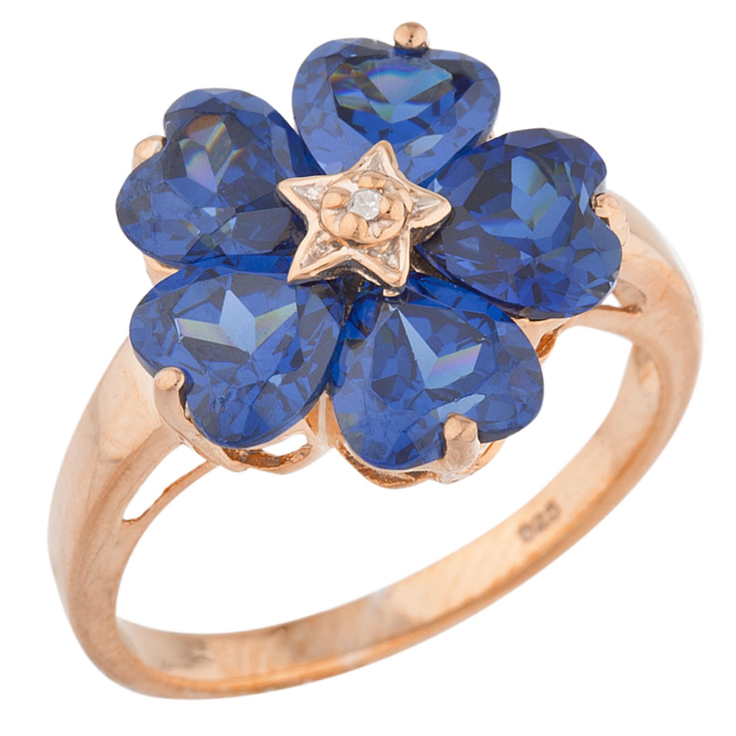 14Kt Gold Blue Sapphire & Diamond Heart Flower Design Ring