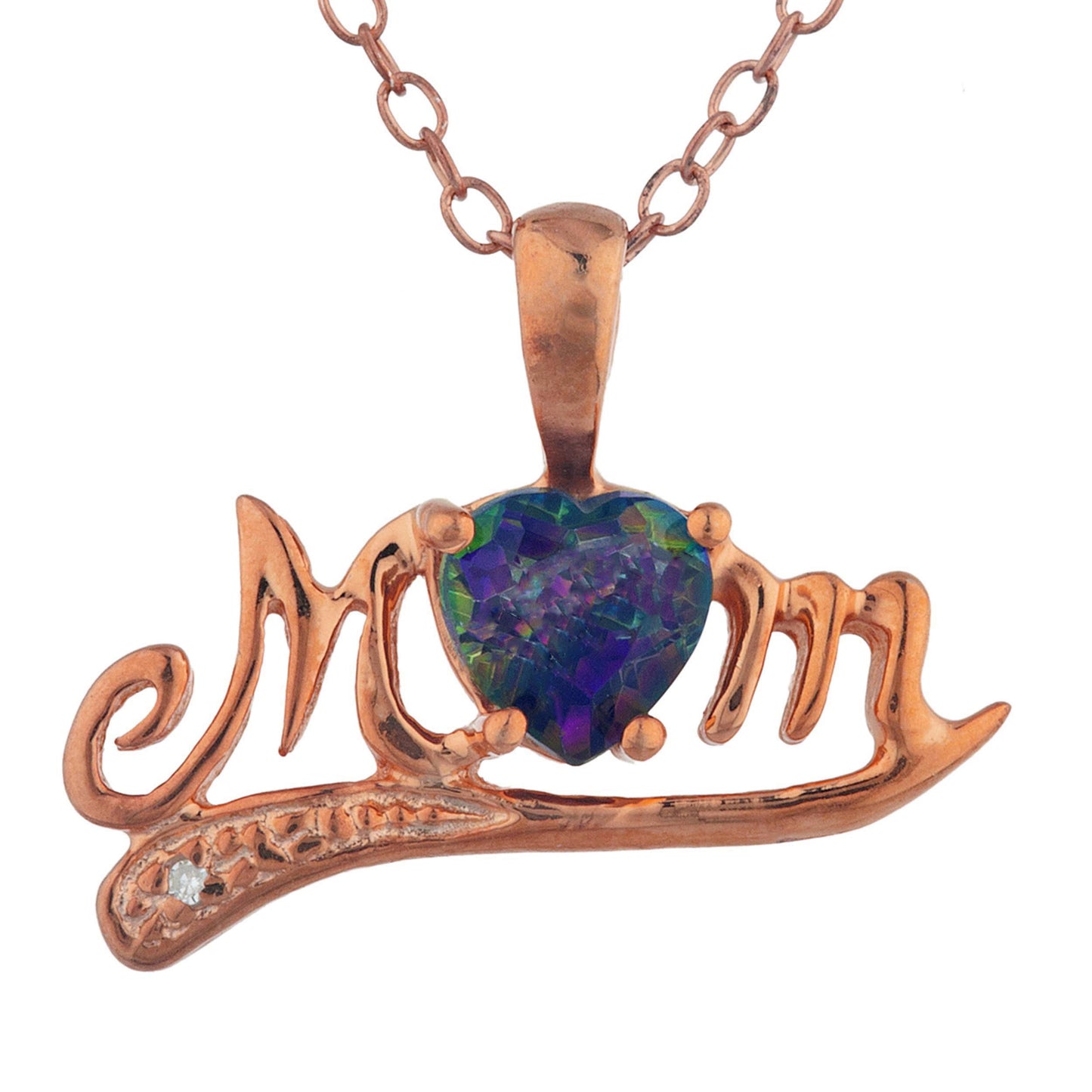 14Kt Gold Natural Mystic Topaz & Diamond Heart Mom Pendant Necklace