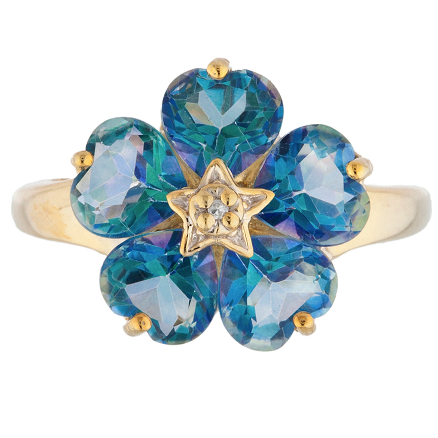 14Kt Gold Natural Blue Mystic Topaz & Diamond Heart Flower Design Ring