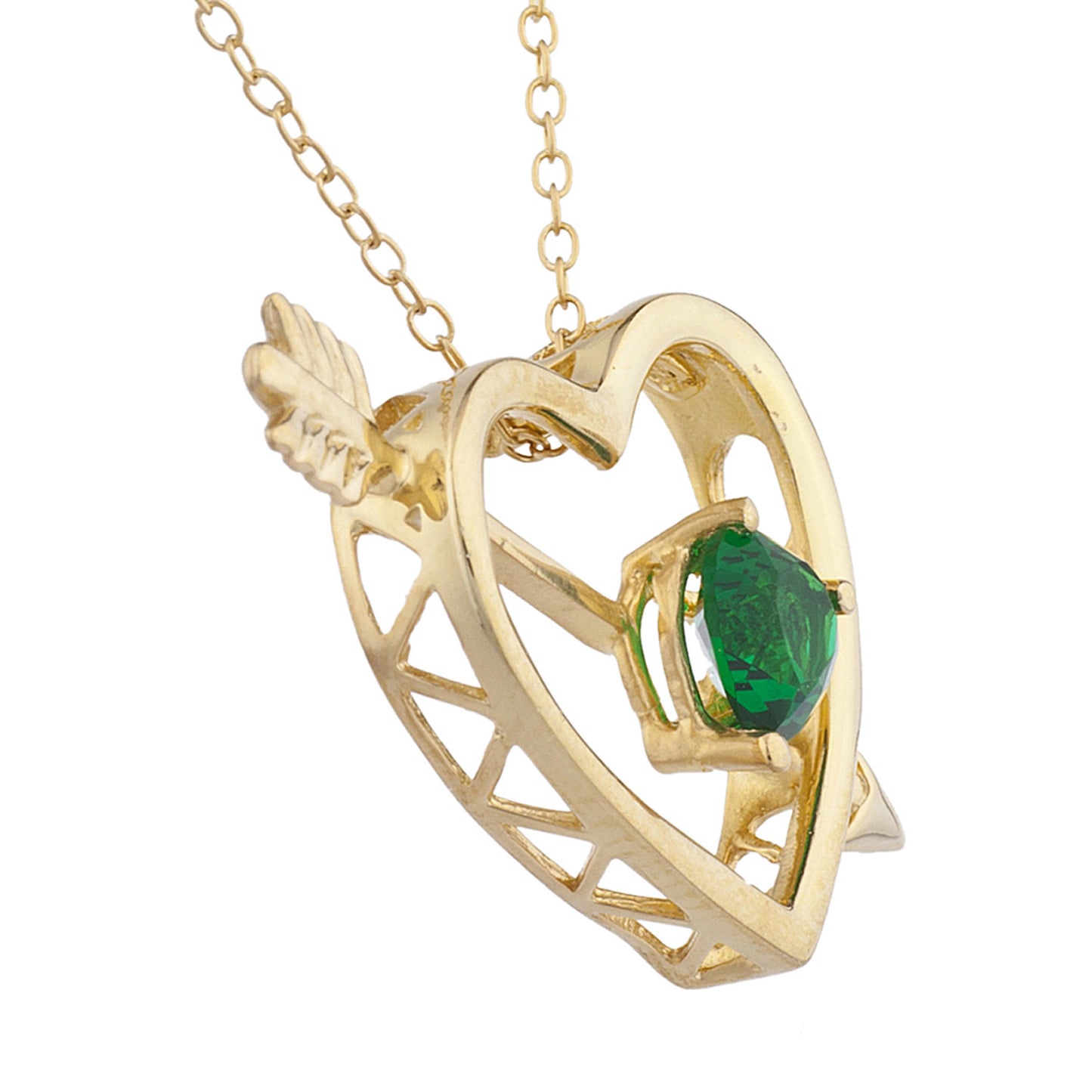 14Kt Yellow Gold Plated Emerald Heart Bow & Arrow Pendant