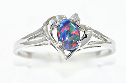 6x4mm Black Opal & Diamond Oval Heart Ring .925 Sterling Silver Rhodium Finish