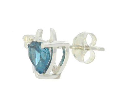 London Blue Topaz & Diamond Devil Heart Stud Earrings .925 Sterling Silver