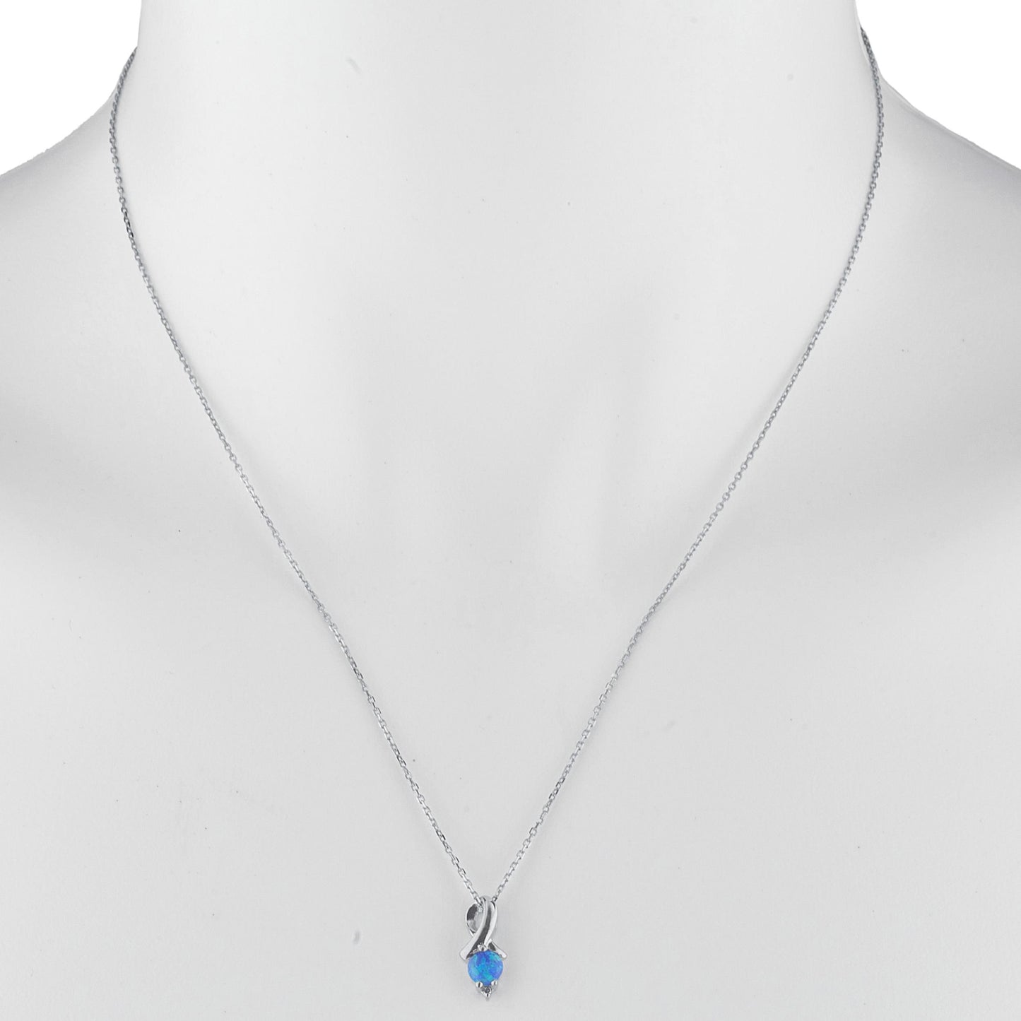 Blue Opal & Diamond Round Design Pendant .925 Sterling Silver