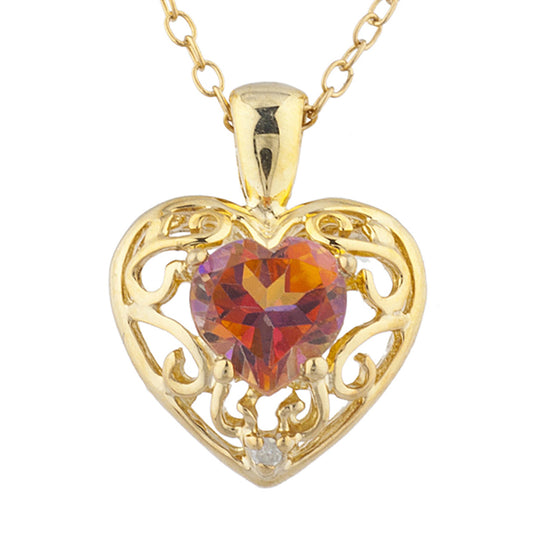 14Kt Gold Natural Ecstasy Mystic Topaz & Diamond Heart LOVE ENGRAVED Pendant Necklace