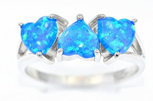 6mm Blue Opal Heart Ring .925 Sterling Silver Rhodium Finish