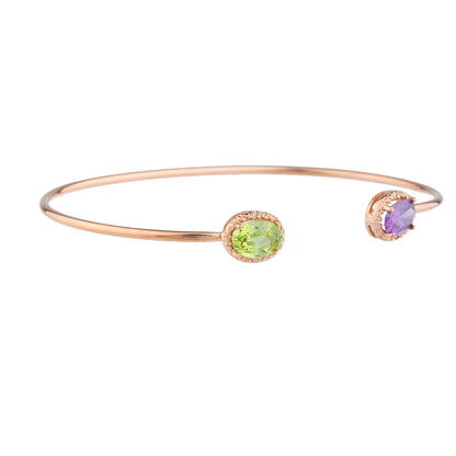 Amethyst & Peridot Diamond Bangle Oval Bracelet 14Kt Rose Gold Plated Over .925 Sterling Silver