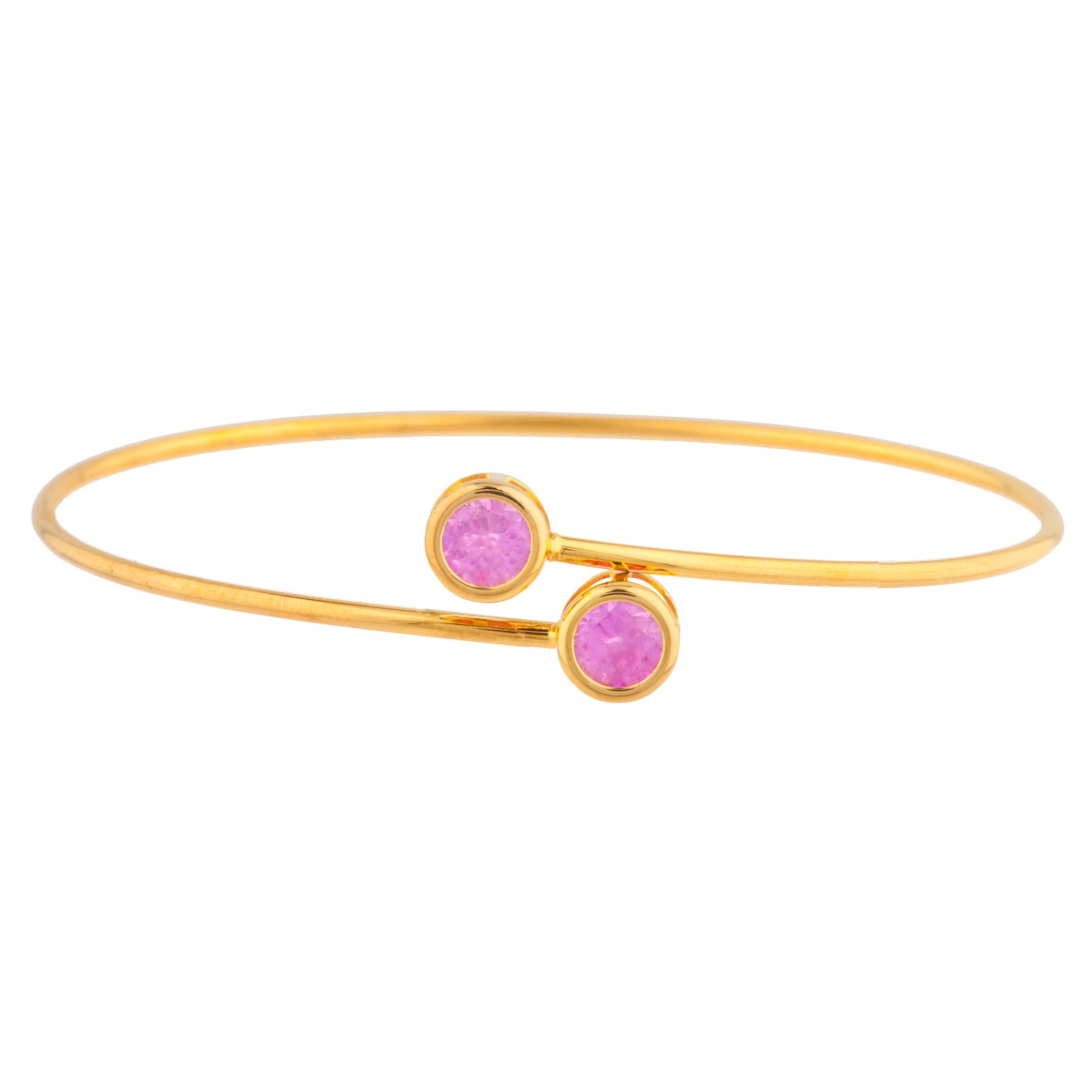 14Kt Gold Pink Sapphire Round Bezel Bangle Bracelet