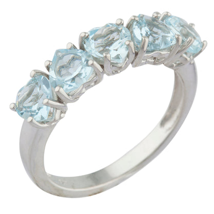 5 Hearts Genuine Aquamarine Heart Ring .925 Sterling Silver Rhodium Finish