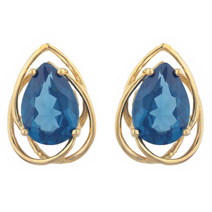 14Kt Yellow Gold Plated London Blue Topaz Pear Teardrop Design Stud Earrings