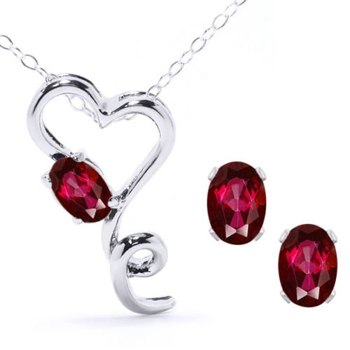 2.5 Ct Ruby Oval Heart Stud Earrings & Pendant .925 Sterling Silver Rhodium F...