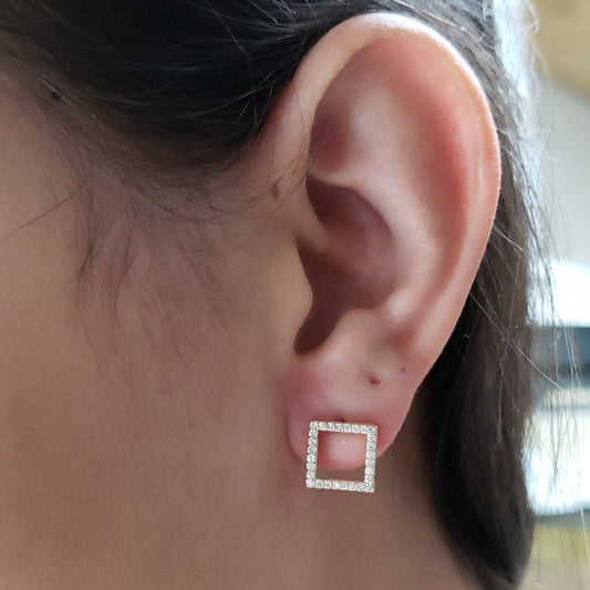 14Kt Gold Diamond Open Square Stud Earrings