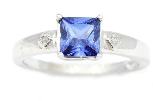 1 Ct Tanzanite & Diamond Princess Cut Ring .925 Sterling Silver Rhodium Finish