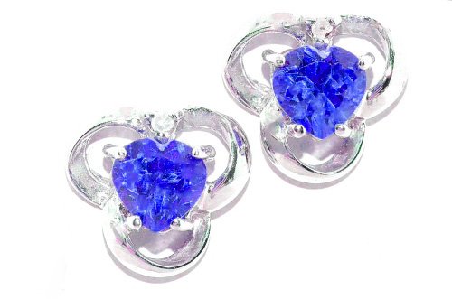 1 Ct Blue Sapphire Heart Diamond Stud Earrings .925 Sterling Silver