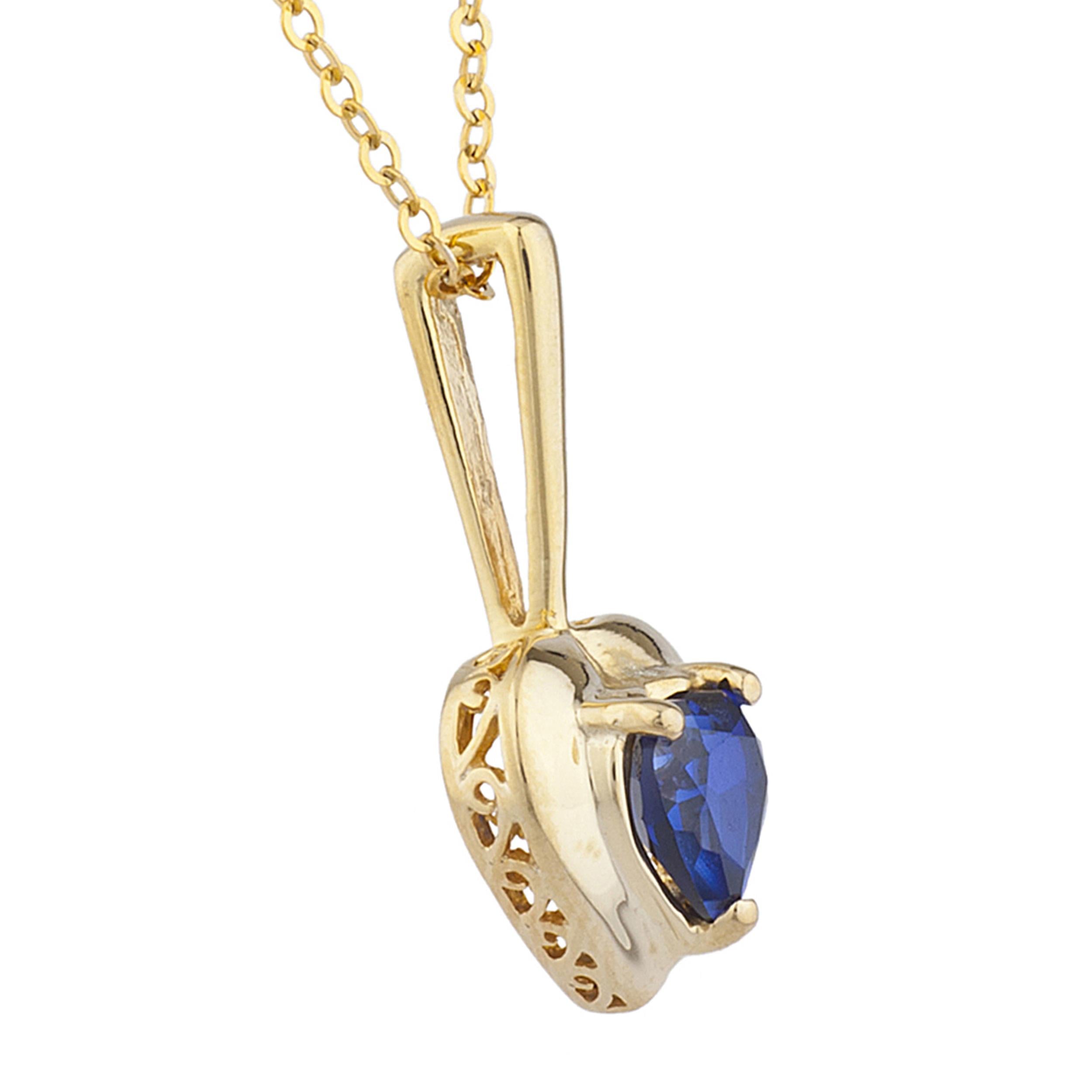 14Kt Gold Blue Sapphire & Diamond Heart Design Pendant Necklace