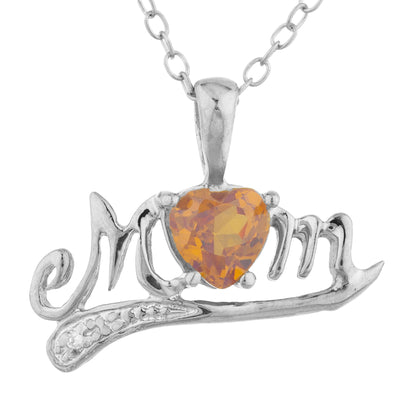 14Kt Gold Orange Citrine & Diamond Heart Mom Pendant Necklace