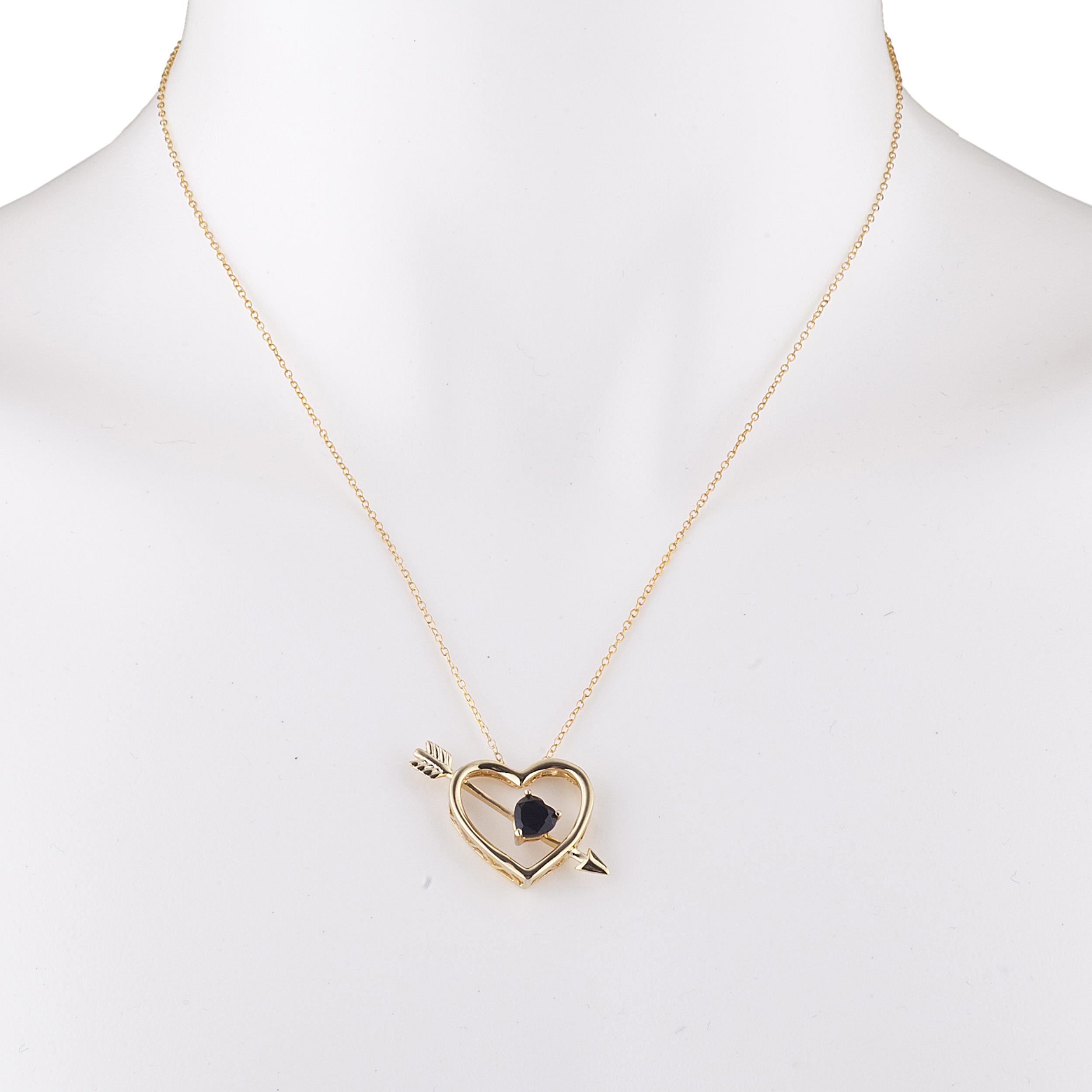 14Kt Gold Genuine Black Onyx Heart Bow & Arrow Pendant Necklace