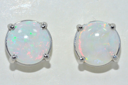 14Kt White Gold Genuine Opal Round Stud Earrings
