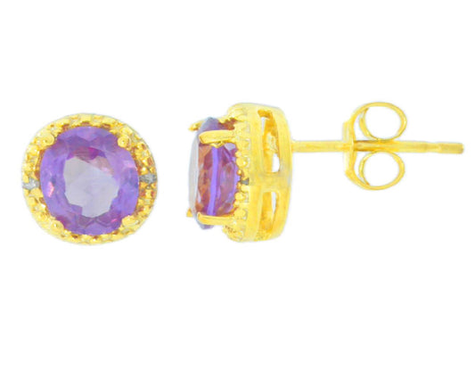 2 Ct Alexandrite & Diamond Round Stud Earrings 14Kt Yellow Gold Plated