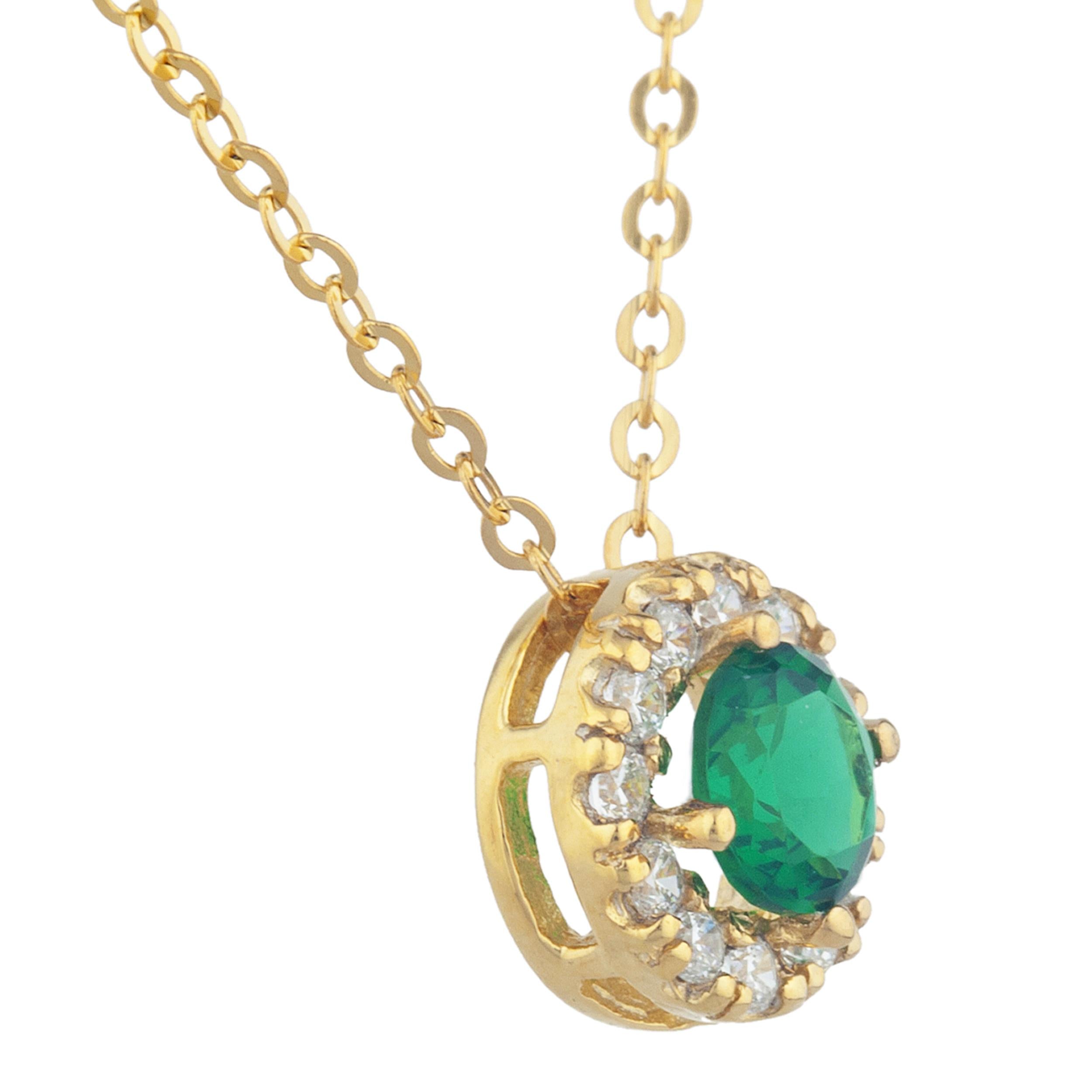 14Kt Gold 0.50 Ct Emerald Halo Design Pendant Necklace
