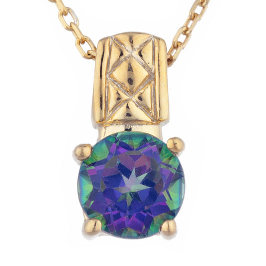 14Kt Yellow Gold Plated Natural Mystic Topaz Round Design Pendant