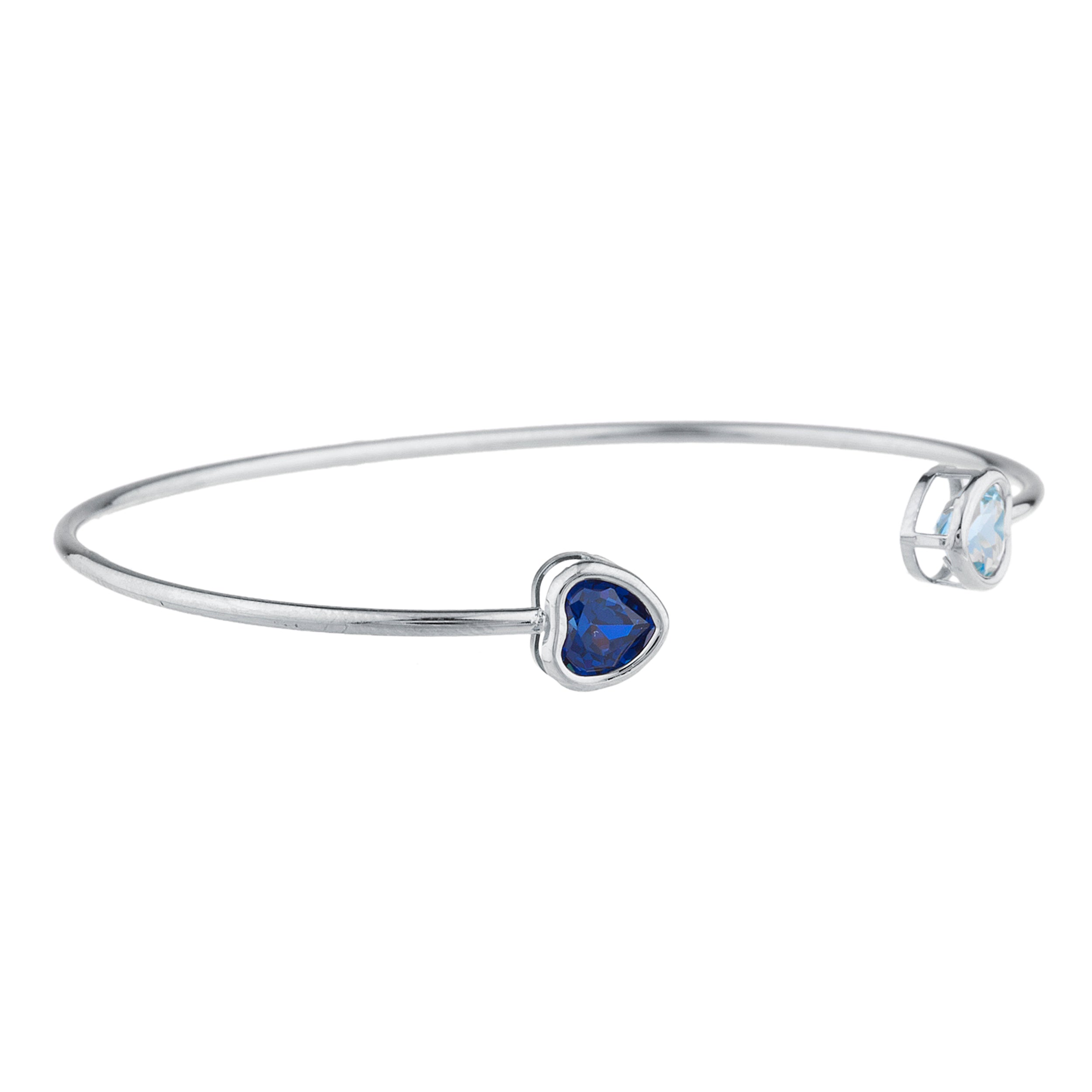 Created Blue Sapphire & Blue Topaz Heart Bezel Bangle Bracelet .925 Sterling Silver
