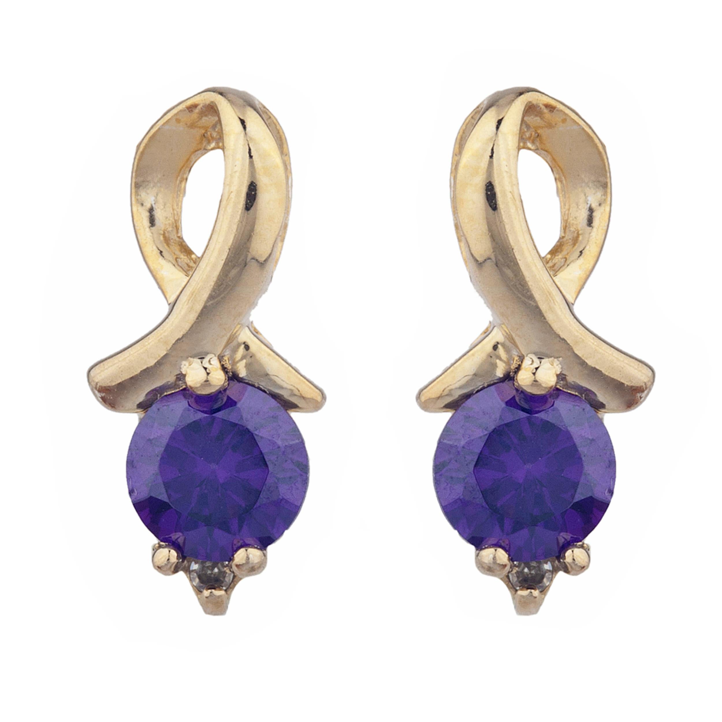 14Kt Gold Amethyst & Diamond Round Design Stud Earrings