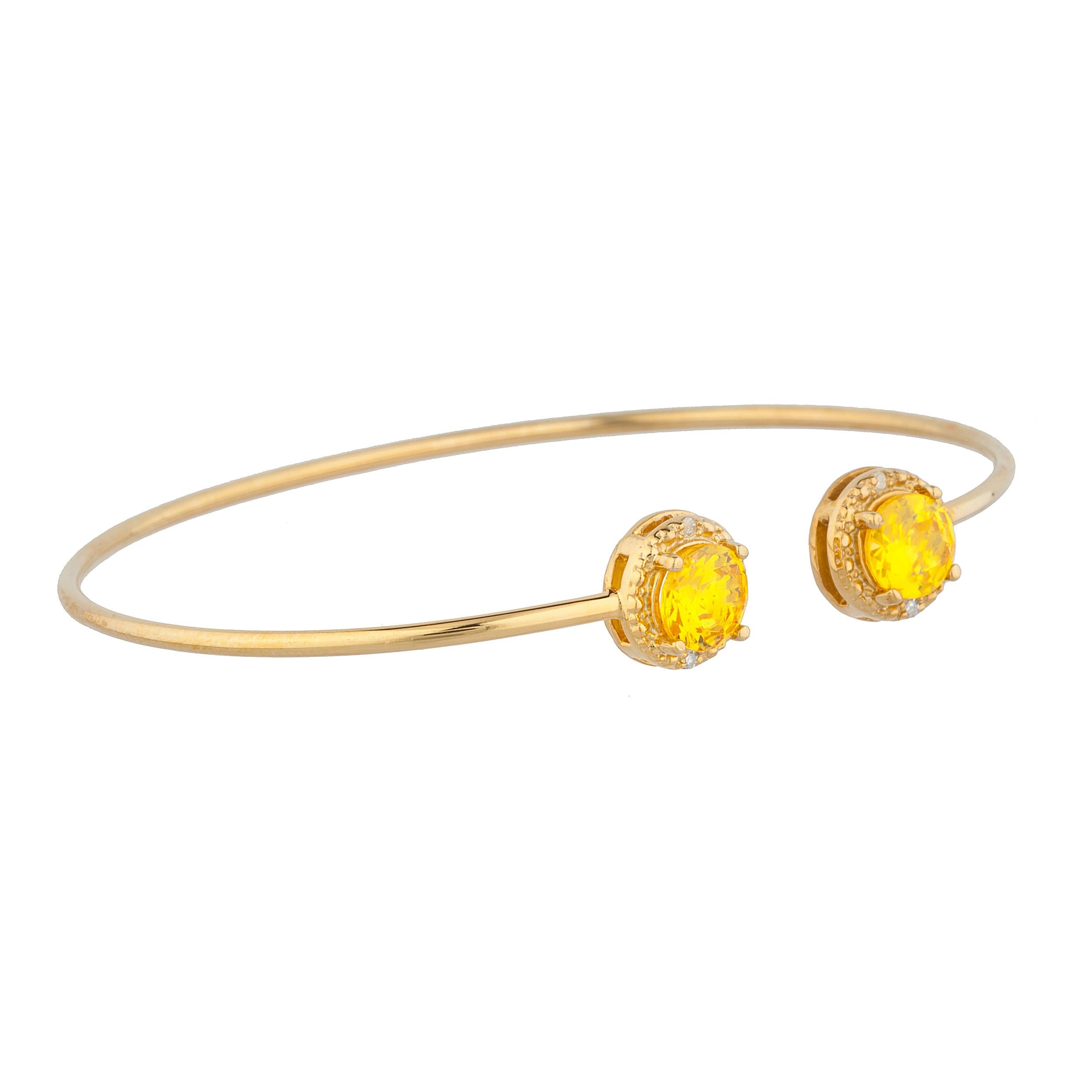 14Kt Gold Yellow Citrine & Diamond Round Bangle Bracelet