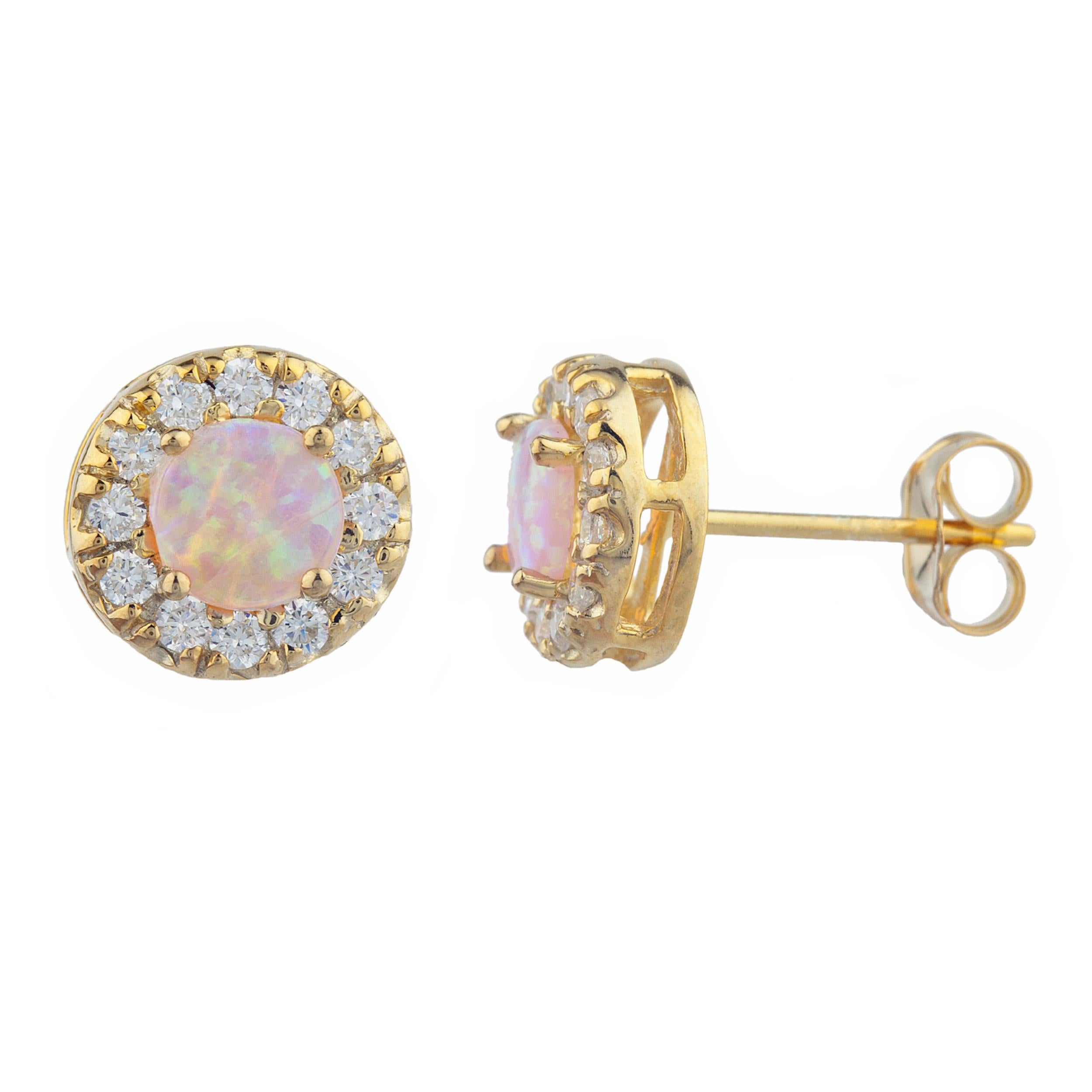 14Kt Gold Pink Opal Halo Design Stud Earrings