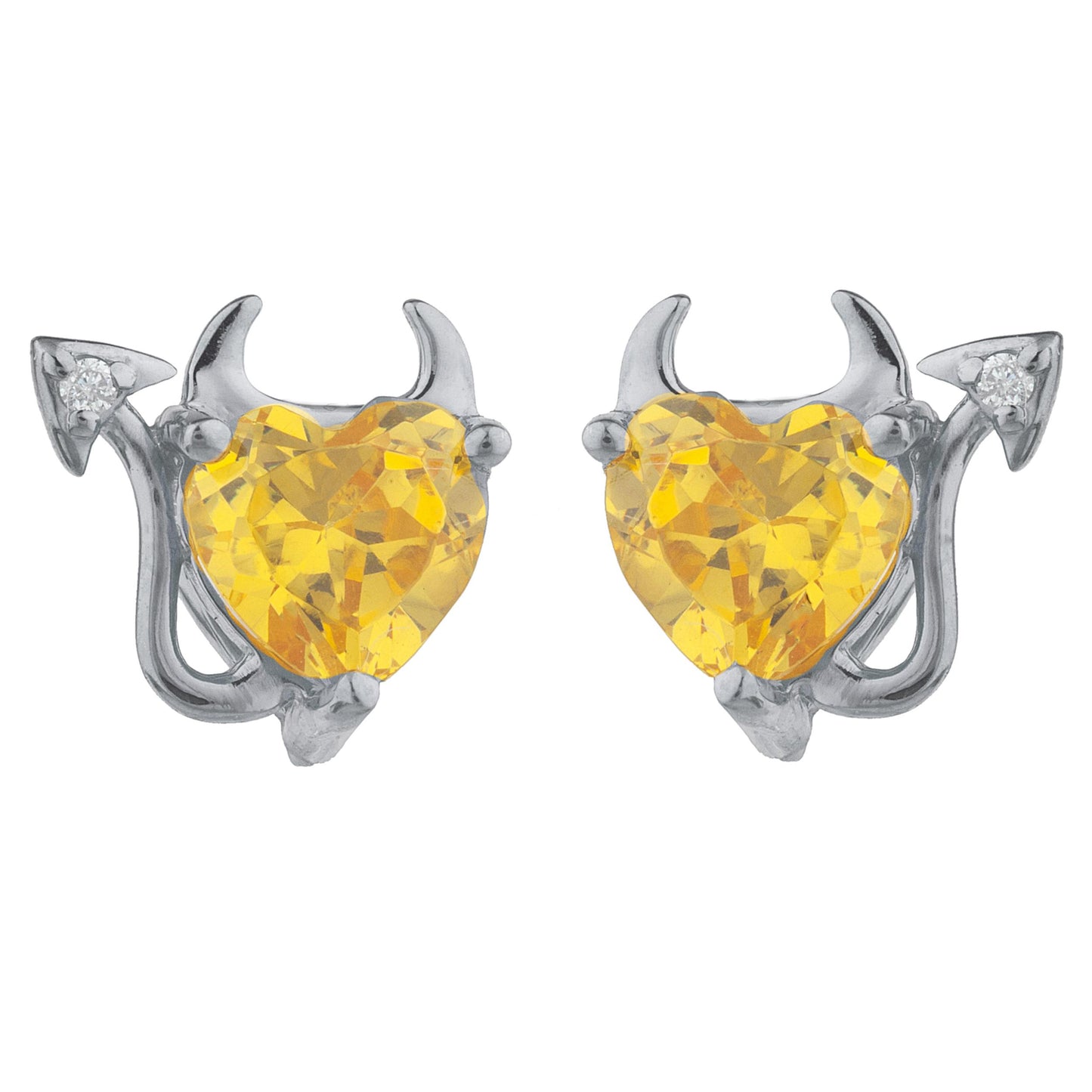 Yellow Citrine & Diamond Devil Heart Stud Earrings 14Kt White Gold