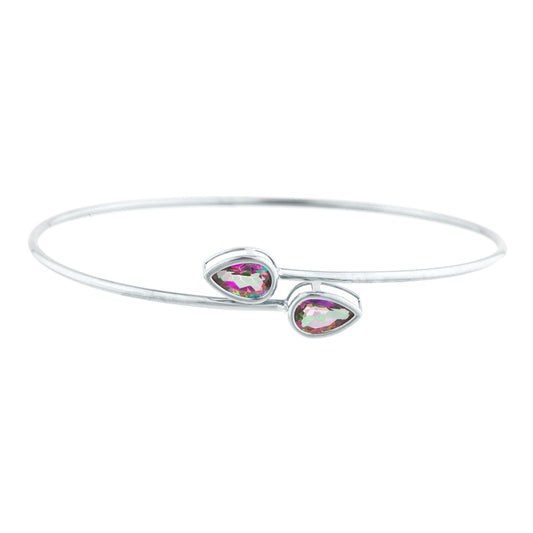 2 Ct Natural Mystic Topaz Pear Bezel Bangle Bracelet .925 Sterling Silver