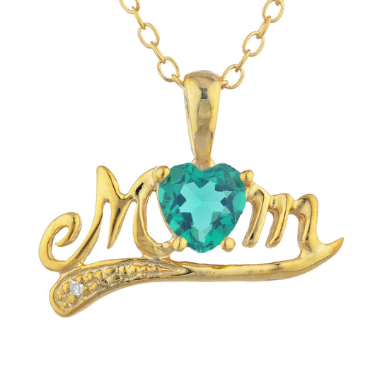 14Kt Yellow Gold Plated Emerald & Diamond Heart Mom Pendant