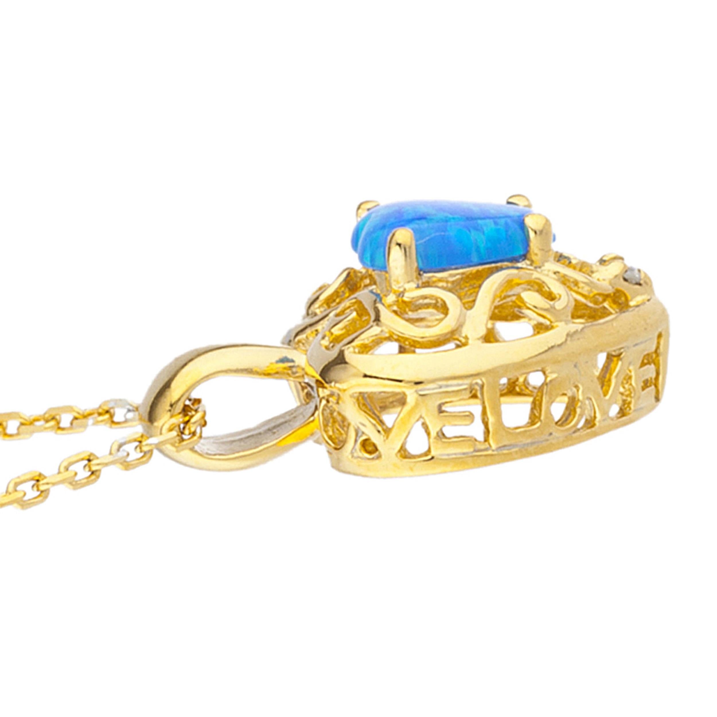 14Kt Gold Blue Opal & Diamond Heart LOVE ENGRAVED Pendant Necklace