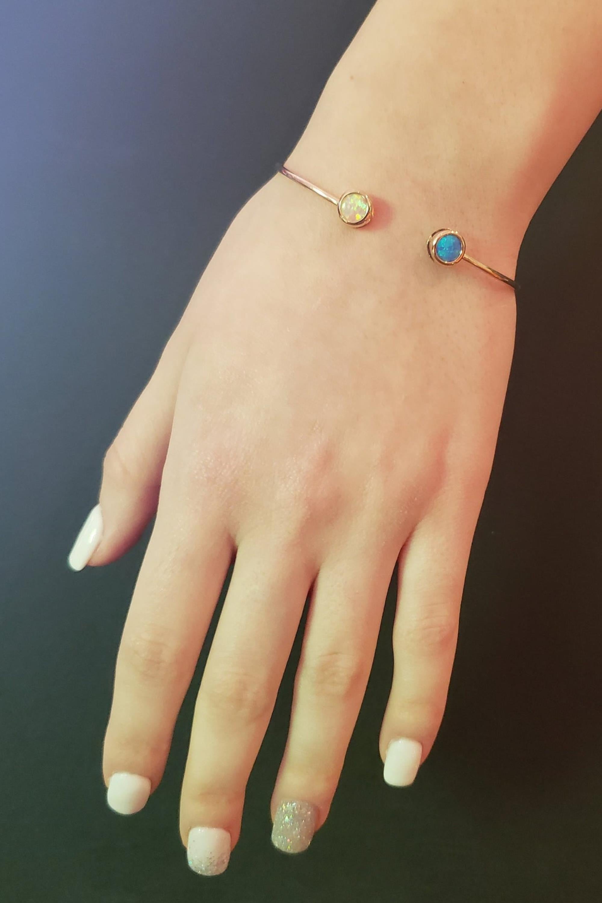 14Kt Gold Blue & Pink Opal Round Bezel Bangle Bracelet