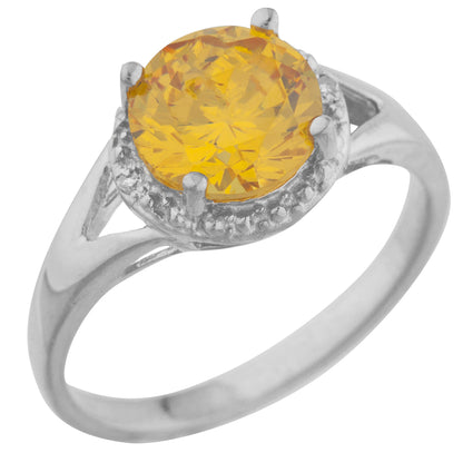 14Kt Gold 2 Ct Yellow Citrine & Diamond Halo Design Round Ring