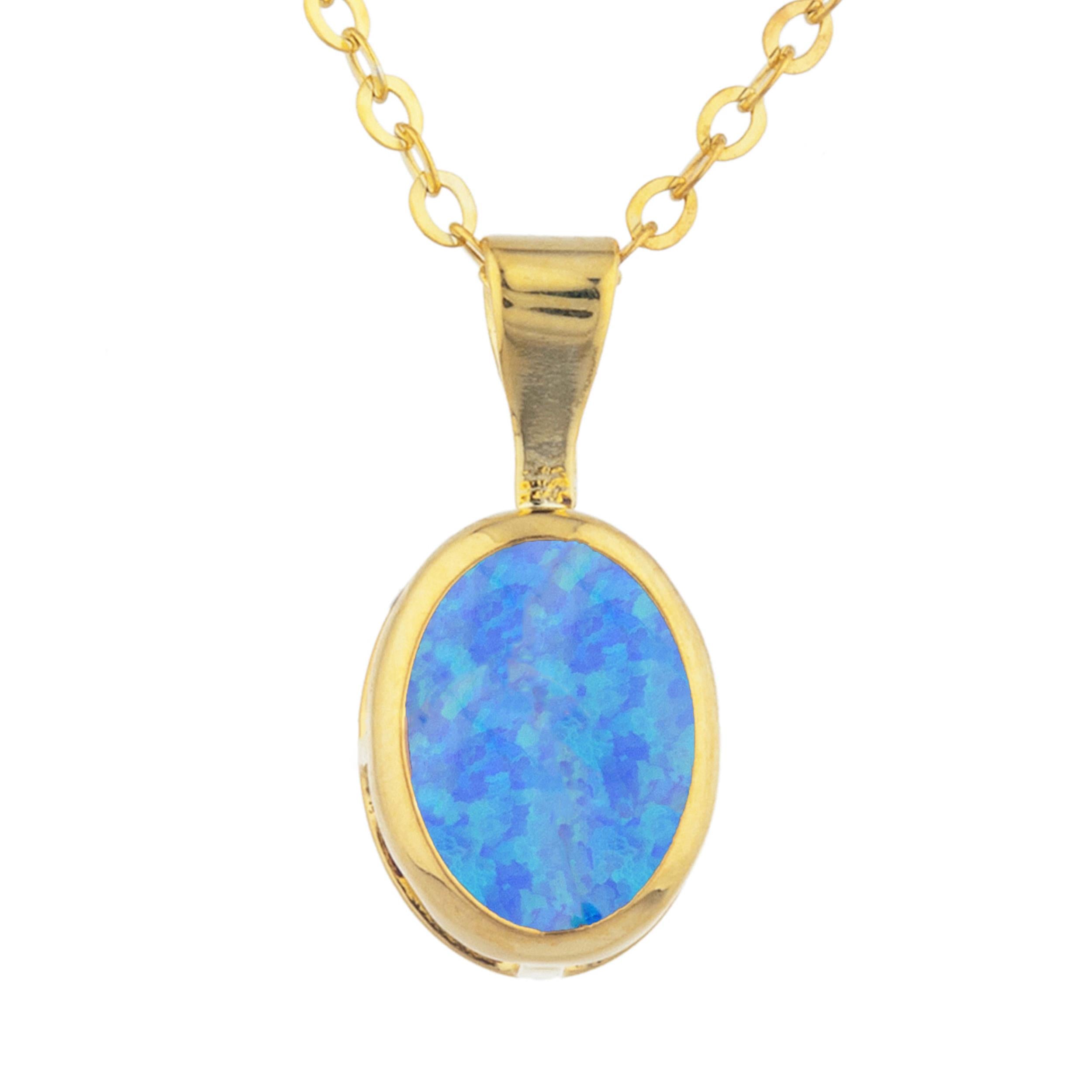 14Kt Gold Blue Opal Oval Bezel Pendant Necklace